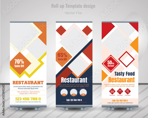 Food & Restuaruant concept. Graphic template roll-up for exhibitions, banner for Hotel, layout for placement of photos. Universal stand for Restuaruant - Vector.