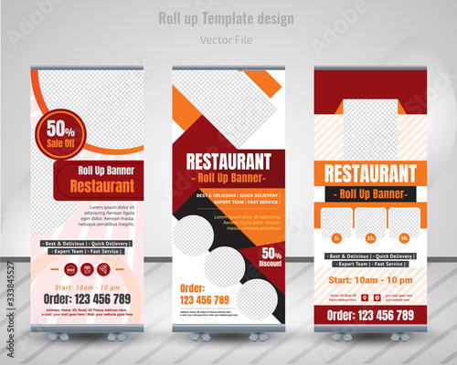 Food & Restuaruant concept. Graphic template roll-up for exhibitions, banner for Hotel, layout for placement of photos. Universal stand for Restuaruant - Vector.