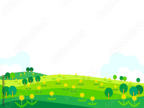 たんぽぽと野原の白背景イラスト素材