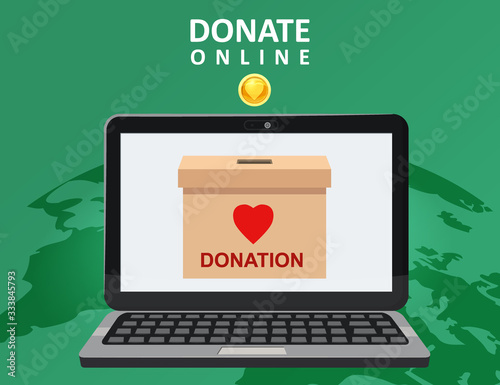 Donate online payments. Make a donation box on a laptop PC display. Charity fundraising concept.