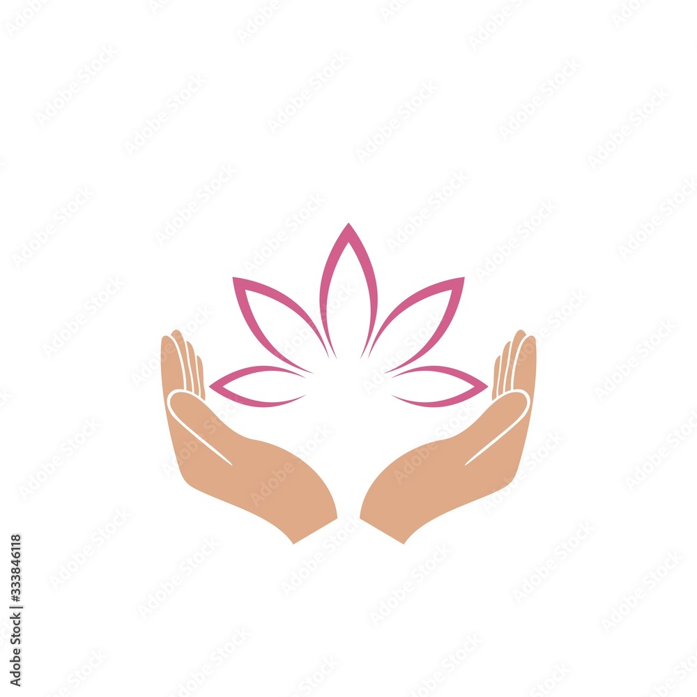 Fototapeta premium Hands holding a beautiful pink lotus flower for logo design isolated on white background