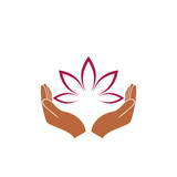 Hands holding a beautiful pink lotus flower for logo design isolated on white background
