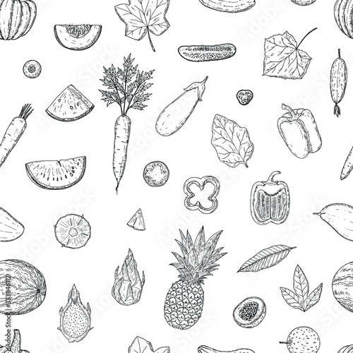 Seamless pattern of fruits and vegetables. Vector cartoon background. Hand-drawn style.