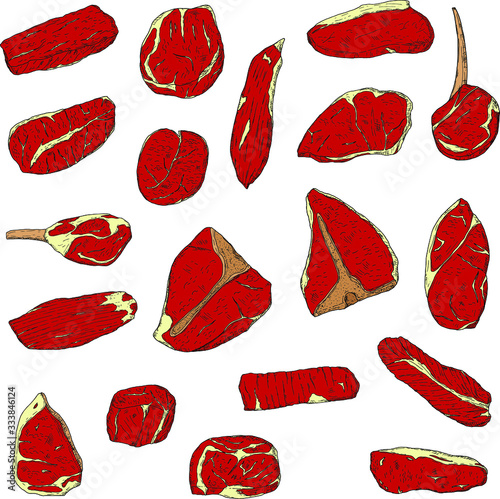 Set of meat steaks. Vector cartoon illustrations. Isolated objects on a white background. Hand-drawn style.