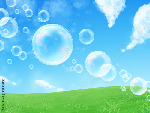 シャボン玉の背景イラスト_空_草原