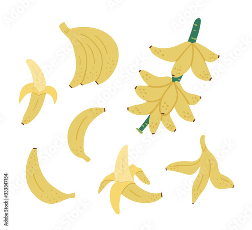 Vector tropical banana fruit, bunch and twig clip art. Jungle foliage illustration. Hand drawn flat exotic plant isolated on white background. Bright childish healthy summer food illustration..