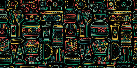 Papier peint photo Salle à manger Motif de fast-food coloré varié  © Kudryashka