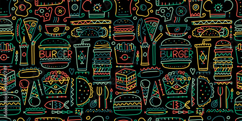 Fast food collection. Hamburger pizza sausages snacks sandwich ice cream. Food menu, seamless pattern for your design