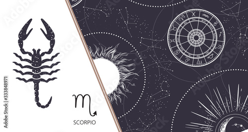 Zodiac background. Constellation Scorpio. Horizontal banner. Vector illustration