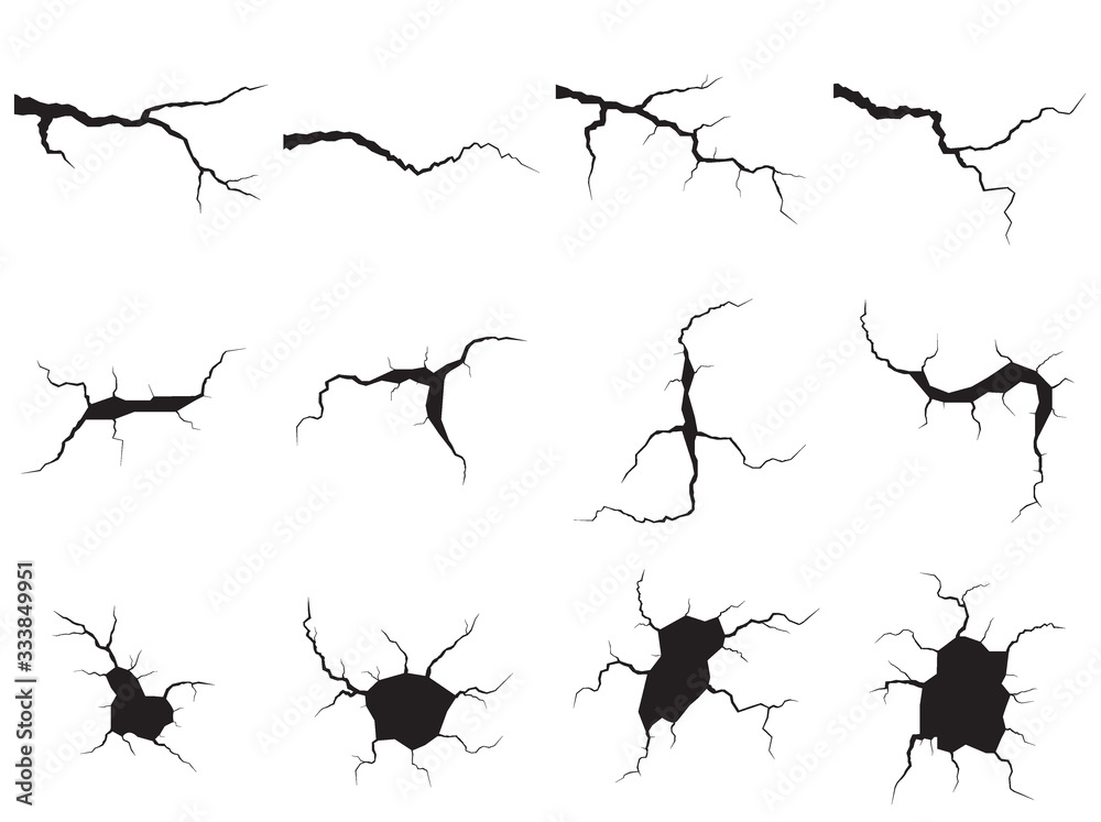 Ground cracks set. Earthquake and ground cracks, hole effect, craquelure and damaged wall texture. Vector illustrations can be used for topics earthquake, crash, destruction.