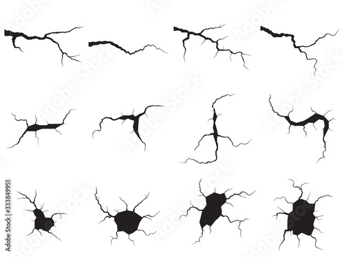 Ground cracks set. Earthquake and ground cracks, hole effect, craquelure and damaged wall texture. Vector illustrations can be used for topics earthquake, crash, destruction.