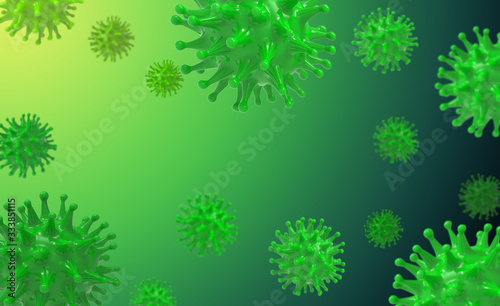 Virus green bacteria cells 3D render background banner image. Flu, influenza, coronavirus model illustration. Covid-19 banner.