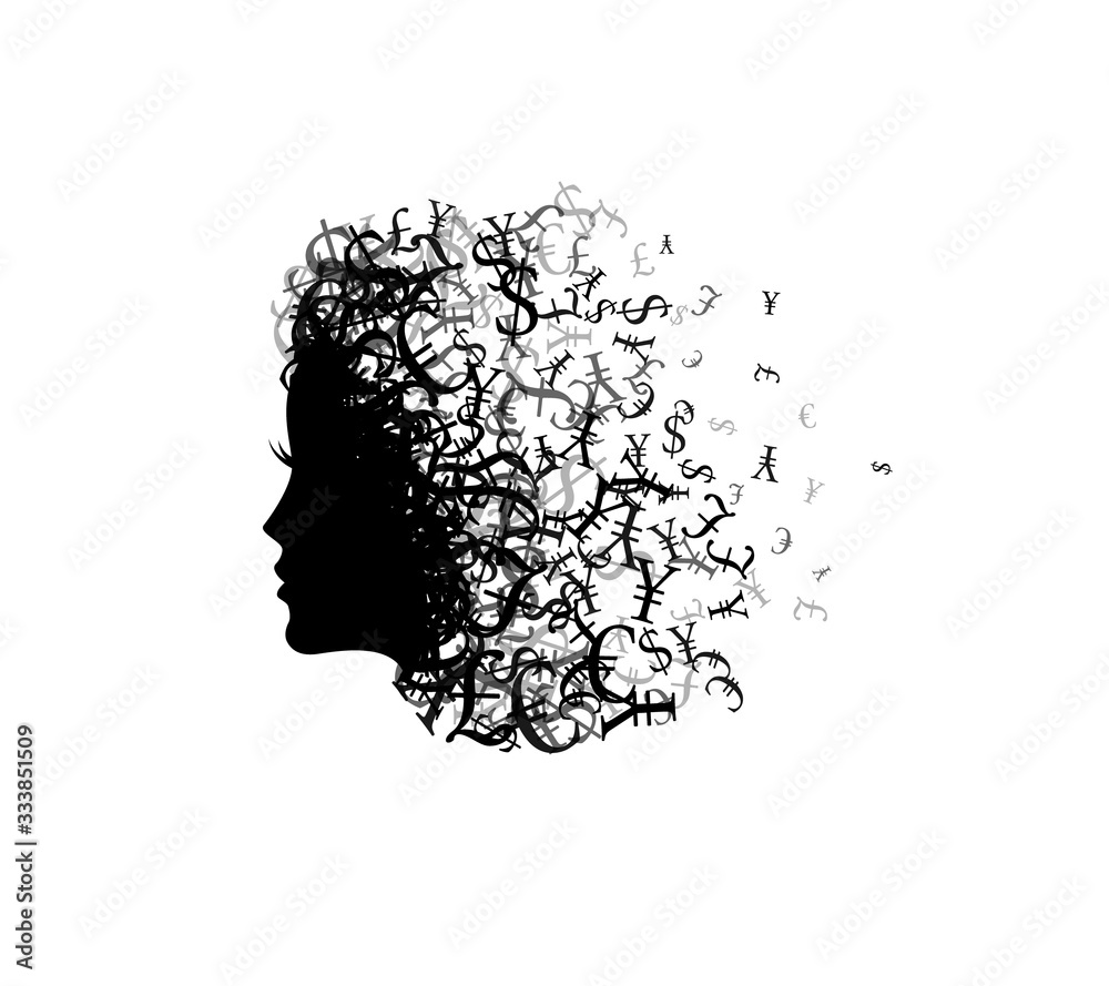 Woman with hair from currencies. Vector decoration from scattered elements. Monochrome isolated silhouette. Conceptual illustration. Woman with hair from currencies. Vector decoration from scattered elements. Monochrome isolated silhouette. Conceptual illustration.