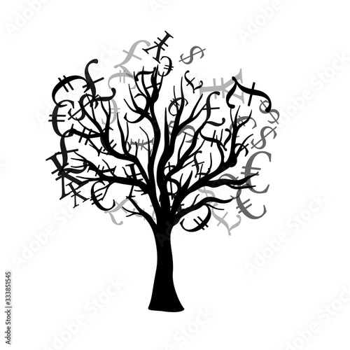 Tree with flying around currencies. Vector decoration from scattered elements. Monochrome isolated silhouette. Conceptual illustration.