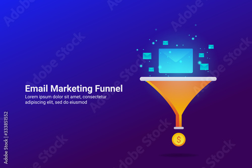 Content of email marketing funnel, sales funnel generating money with email strategy, internet and marketing concept. Web banner template with text.