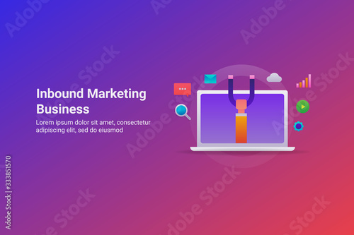 Digital inbound marketing strategy for online business, seo, social media , video and email promotion concept. Businessman holding a magnet on laptop screen, customer attraction strategy.