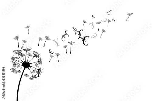 Dandelion with flying currencies and seeds. Vector decoration from scattered elements. Monochrome isolated silhouette. Conceptual illustration.