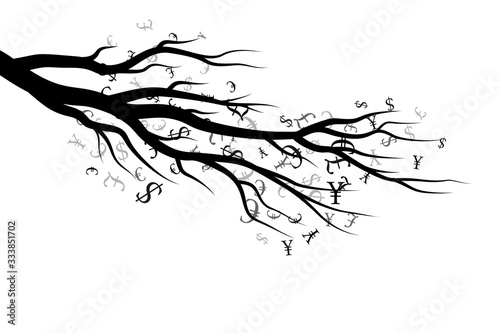 Tree branch with currencies. Vector decoration from scattered elements. Monochrome isolated silhouette. Conceptual illustration.