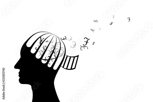 Man with head from cage with flying up currencies. Vector decoration from scattered elements. Monochrome isolated silhouette. Conceptual illustration.
