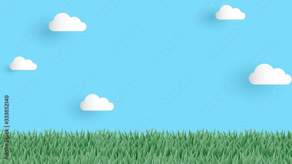 Cute background animation looping footage of the meadow with green grass on blue sky and white cloud in paper art style with your copy space.
