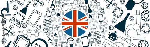Innovation and technology concept. Circle frame with thin line icons. Flag of the United Kingdom