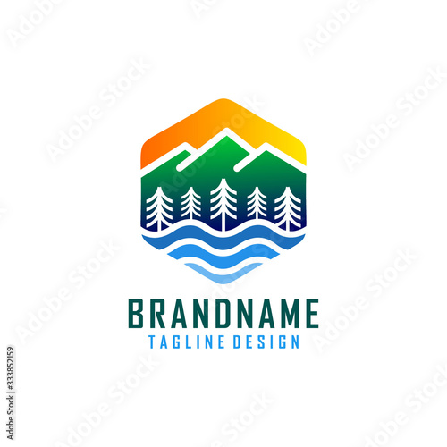 Mountain, Tree, and Lake Colorful logo template