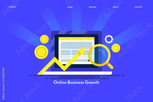 Increasing website traffic, seo optimization, grow your online business concept with graph, digital marketing and finance management concept. Flat design web banner template.