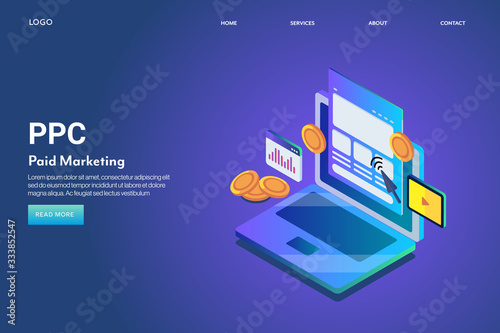 Ppc - pay per click program, website traffic analysis, digital advertising management system with isometric laptop concept. 3d style advertising technology web banner template.