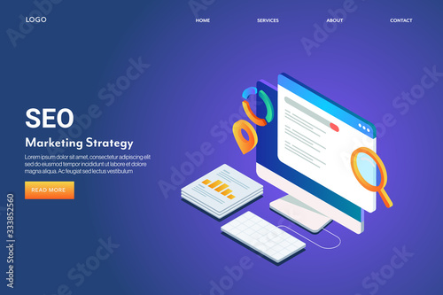 Seo strategy, web traffic analysis, search marketing and digital advertising, seo audit report, website data monitoring, internet and technology concept. Isometric web banner template.