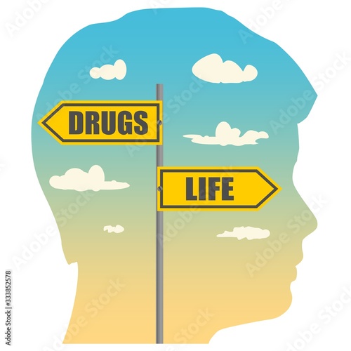 Double exposure portrait of young man and road signs. DRUGS and LIFE text pointing in opposite directions