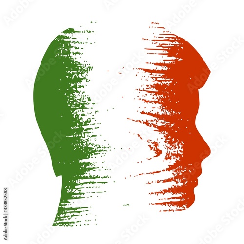 Double exposure portrait of young man. Italy flag design concept. Flag textured by grungy wood pattern. Image relative to travel and politic themes