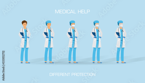 Set of doctors with different protection against the virus. The fight against coronovirus. Coronavirus (2019-nCoV). Virus Covid 19-NCP.