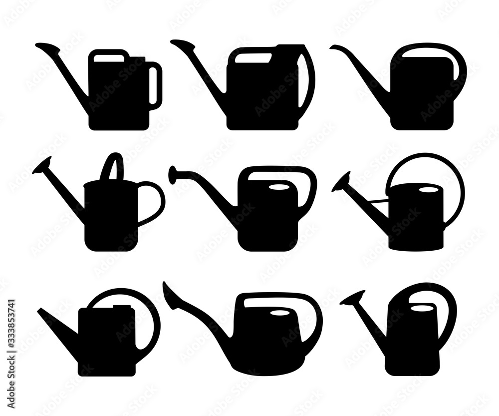 Watering cans silhouettes on white background. Garden tools. - obrazy, fototapety, plakaty 