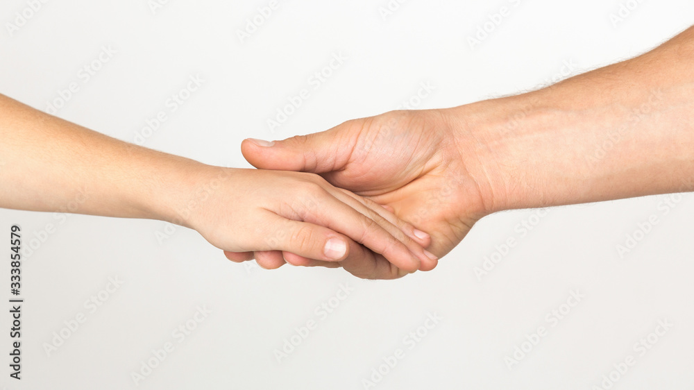 Father and son holding hands, isolated on white, panorama