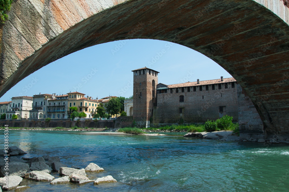 View of the beautiful old bridge over the Adige river, Europe, Italy Verona