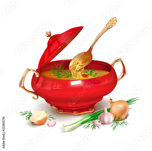 Foto Red tureen with the soup, vegetables and spices