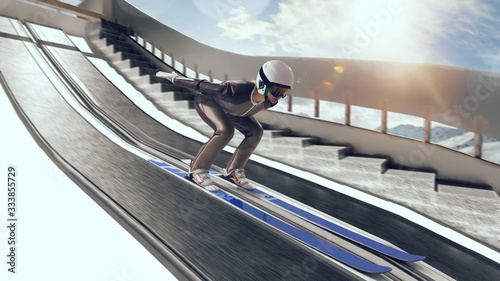 Skier on ski jumping competition. Winter sport. photo