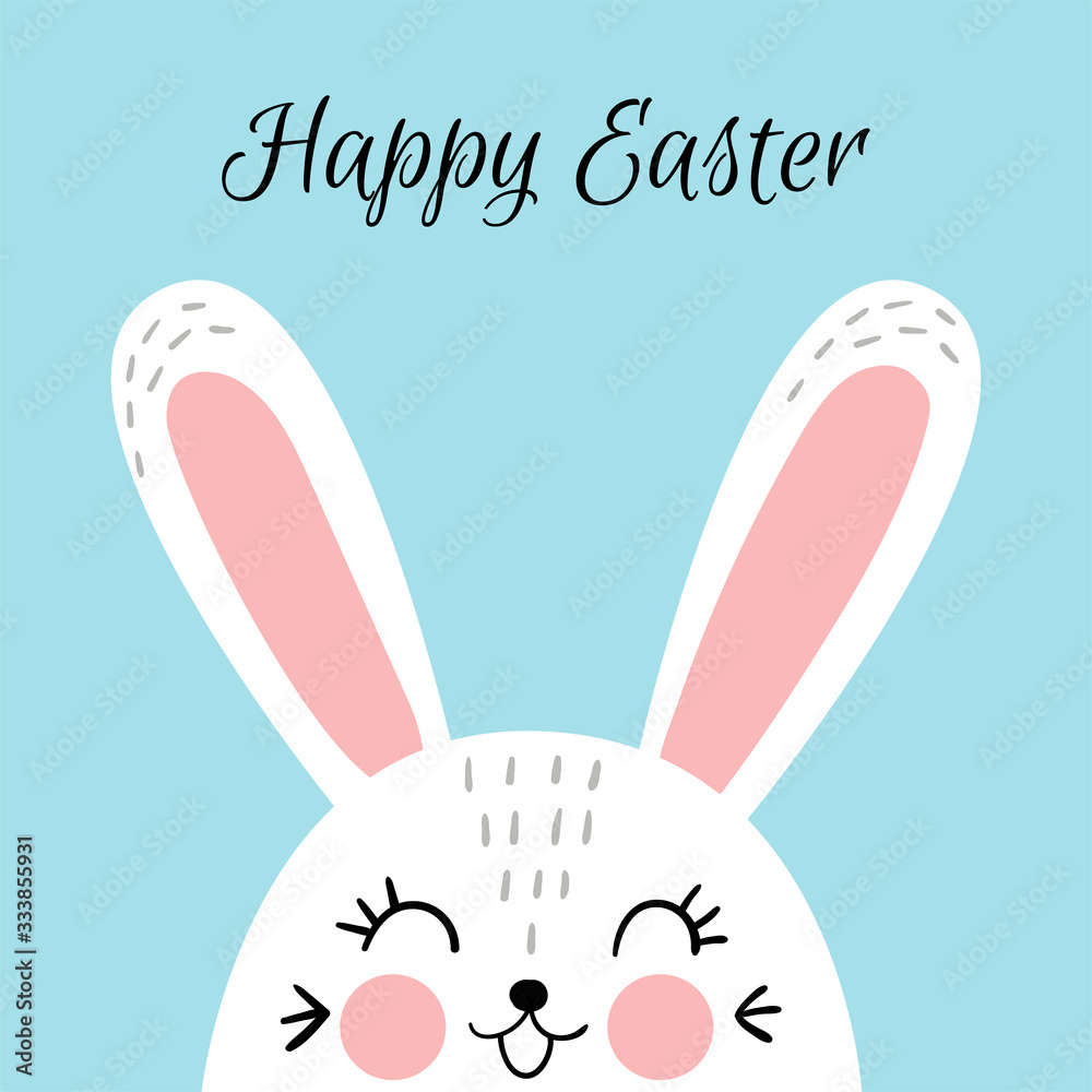 Obraz premium Happy Easter bunny on blue background. Greeting card for kids.