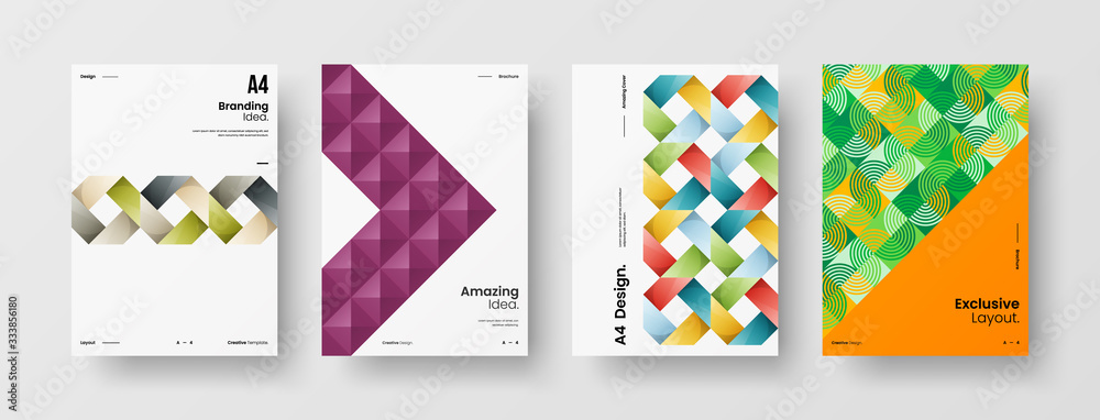Business presentation vector A4 vertical orientation front page mock up set. Corporate report cover abstract geometric illustration design layout bundle. Company identity brochure template collection.
