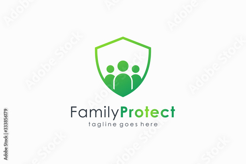 Family Protection Logo. Shield Icon with People inside isolated on White Background. Flat Line Vector Logo Design Template Element.