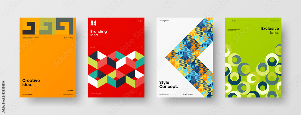 Fototapeta premium Business presentation vector A4 vertical orientation front page mock up set. Corporate report cover abstract geometric illustration design layout bundle. Company identity brochure template collection.