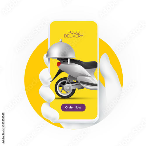 Online food order service banner concept with white hand silhouette holding smartphone with delivery scooter on screen display. Vector illustration.