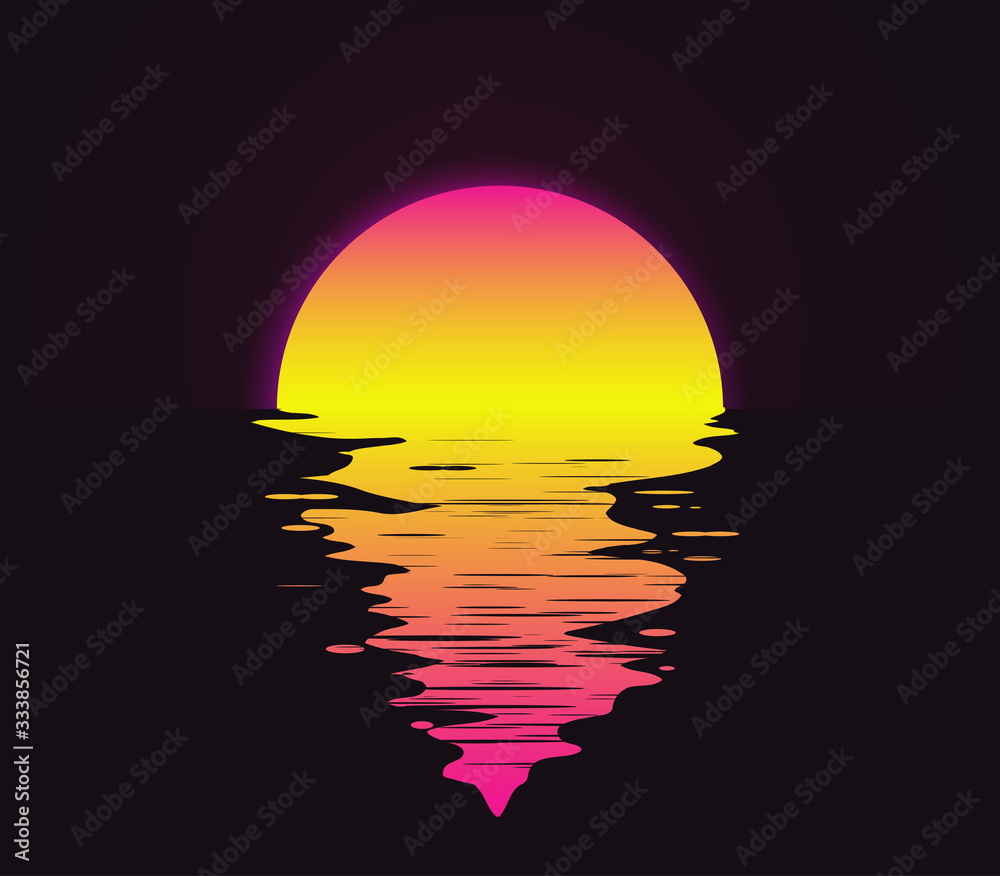 Retro vintage styled bright sunset with reflection on the water sea or ocean vector illustration.
