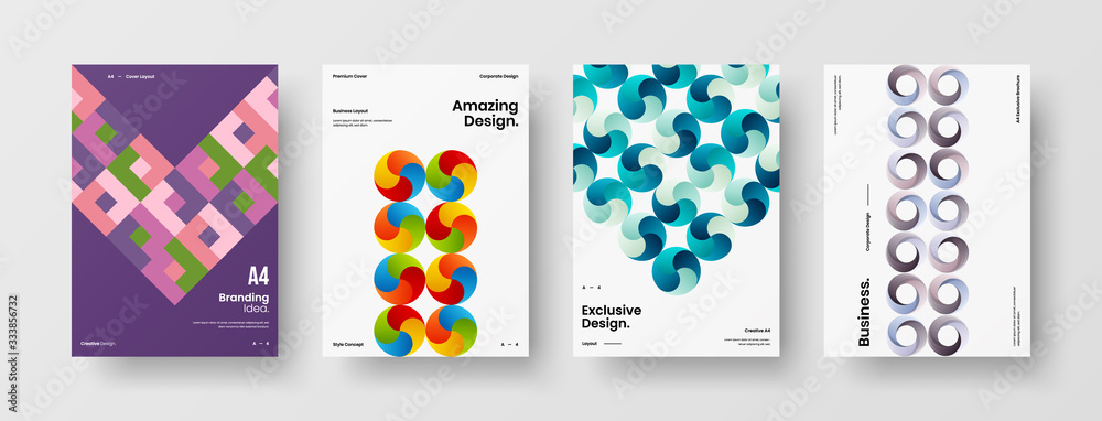 Business presentation vector A4 vertical orientation front page mock up set. Corporate report cover abstract geometric illustration design layout bundle. Company identity brochure template collection.