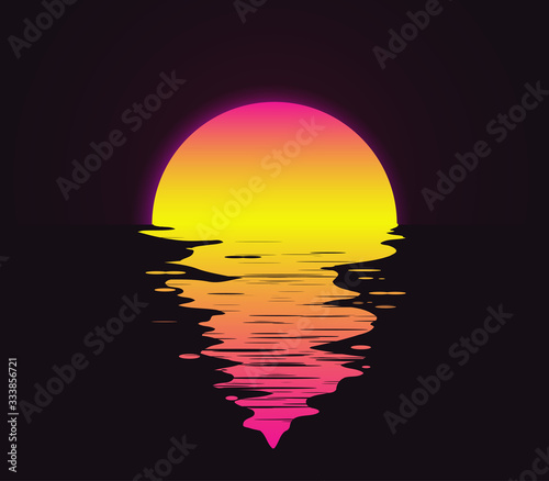 Retro vintage styled bright sunset with reflection on the water sea or ocean vector illustration. © paul_craft