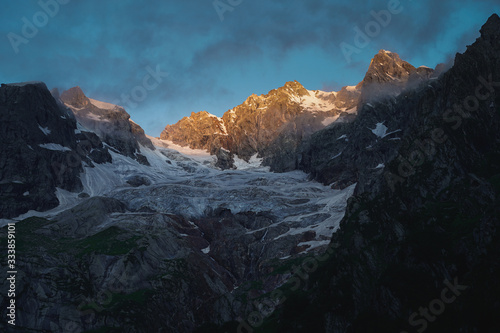 Himalaya mountain and glacier at Pin Bhaba trekking route in a morning sunrise, Shimla, north India photo