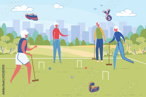 Sportive Good Looking Senior People Play Cricket.