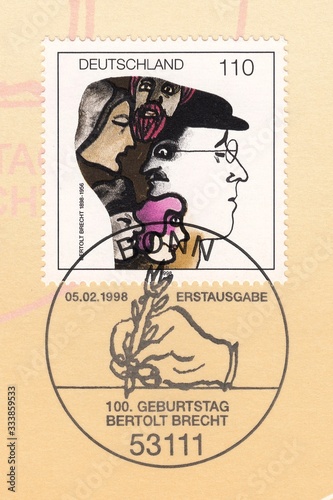 Birth centenary of Bertolt Brecht, poet and playwright, postmark Bonn, stamp Germany 1998 photo