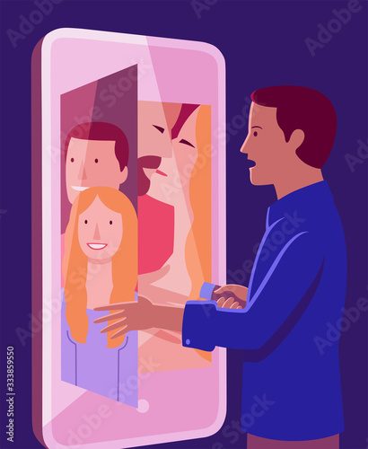 Young man finds out girlfriend is cheating on him looking at pictures stored on her mobile phone. Conceptual illustration representing adultery in the age of portable technology photo