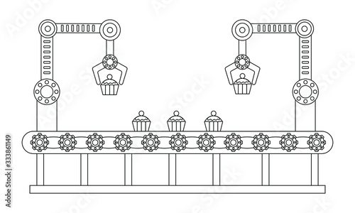 Conveyor assembly line in flat style. Automatic production line concept. Industrial mass production conveyor. 